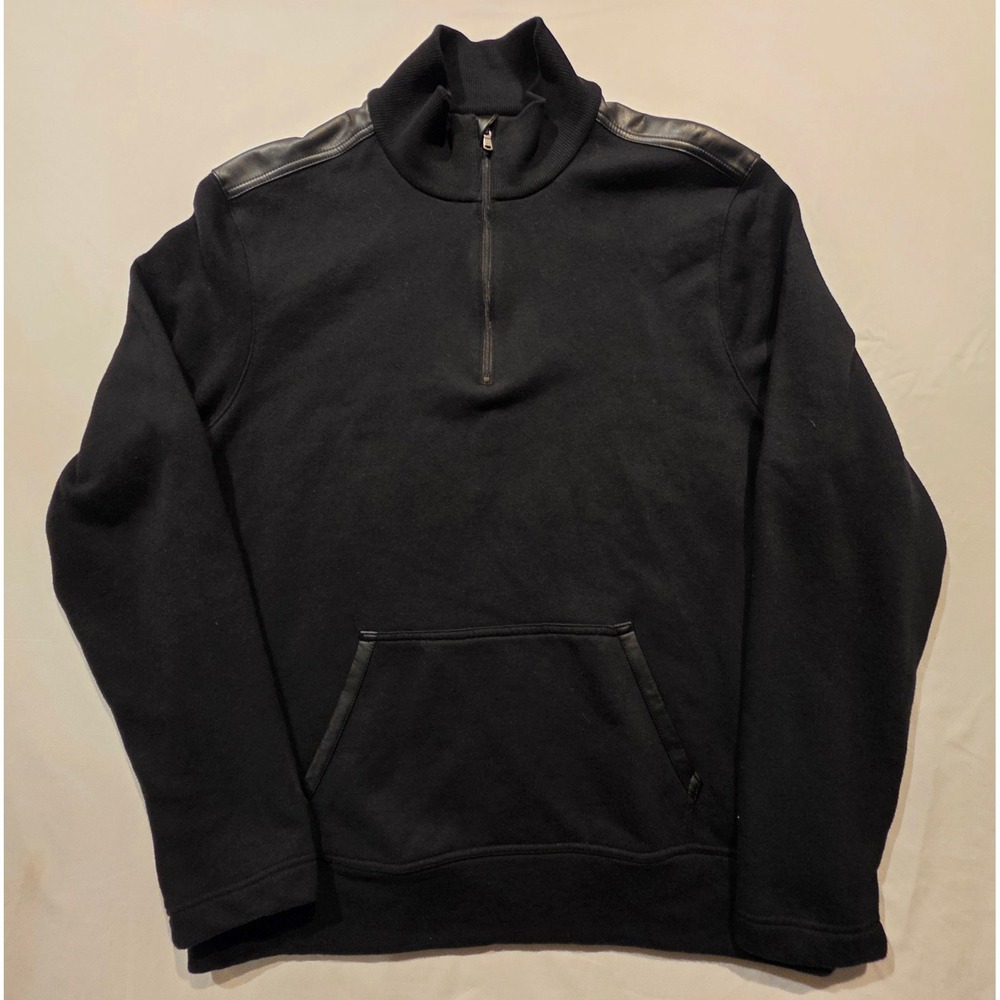 Michael Kors Mens Large Black 14 Zip Pullover Sweatshirt Faux Leather Trim Fleec